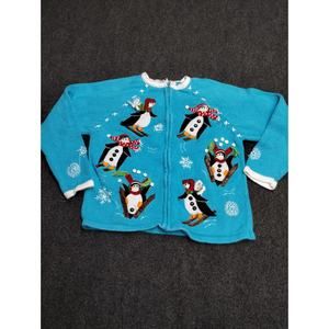 Vintage Tiara Cardigan Penguin Christmas Sweater Teen‎ Large Blue Full Zip